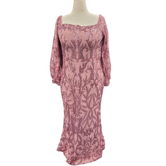 NWT Long Sleeved Patterned Sequin Gown Dusty Rose Pink Size 18 - Picture 1 of 16